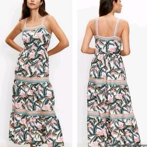 Loft Linen Blend Paradise Tropical Tiered Maxi Dress Green Multi Womens Size 4